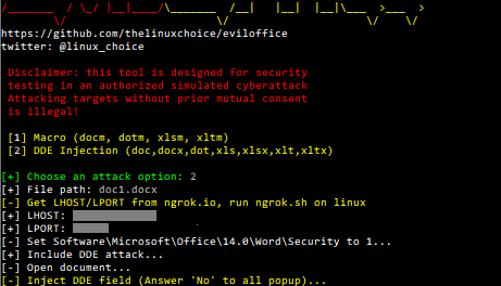 Eviloffice - Inject Macro And DDE Code Into Excel And Word Documents (Reverse Shell)